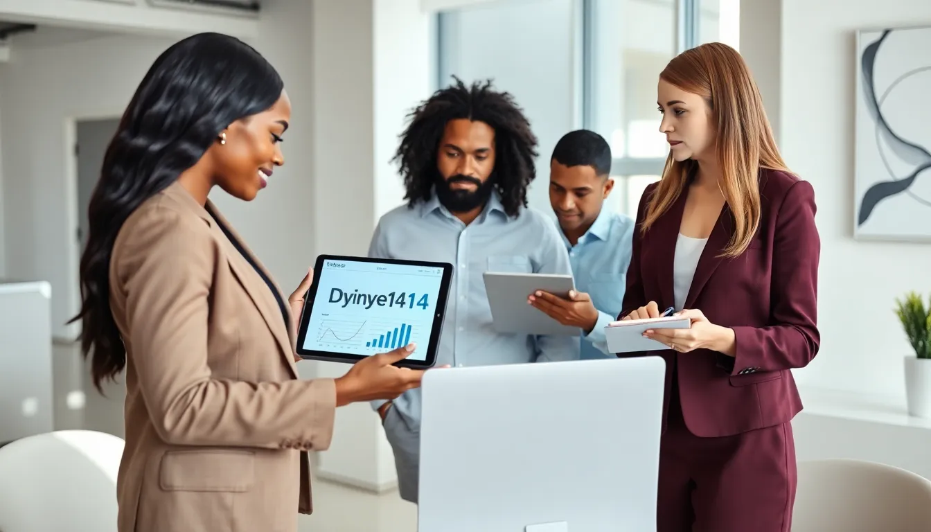 diverse team discussing Dylnye14 in a modern office setting.